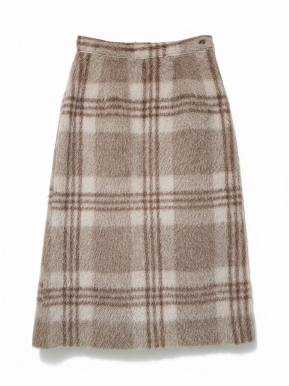 Vintage 60s England Mohair Plaid Midi Skirt Fuzzy Academia XS 26 Cream Brown Mod